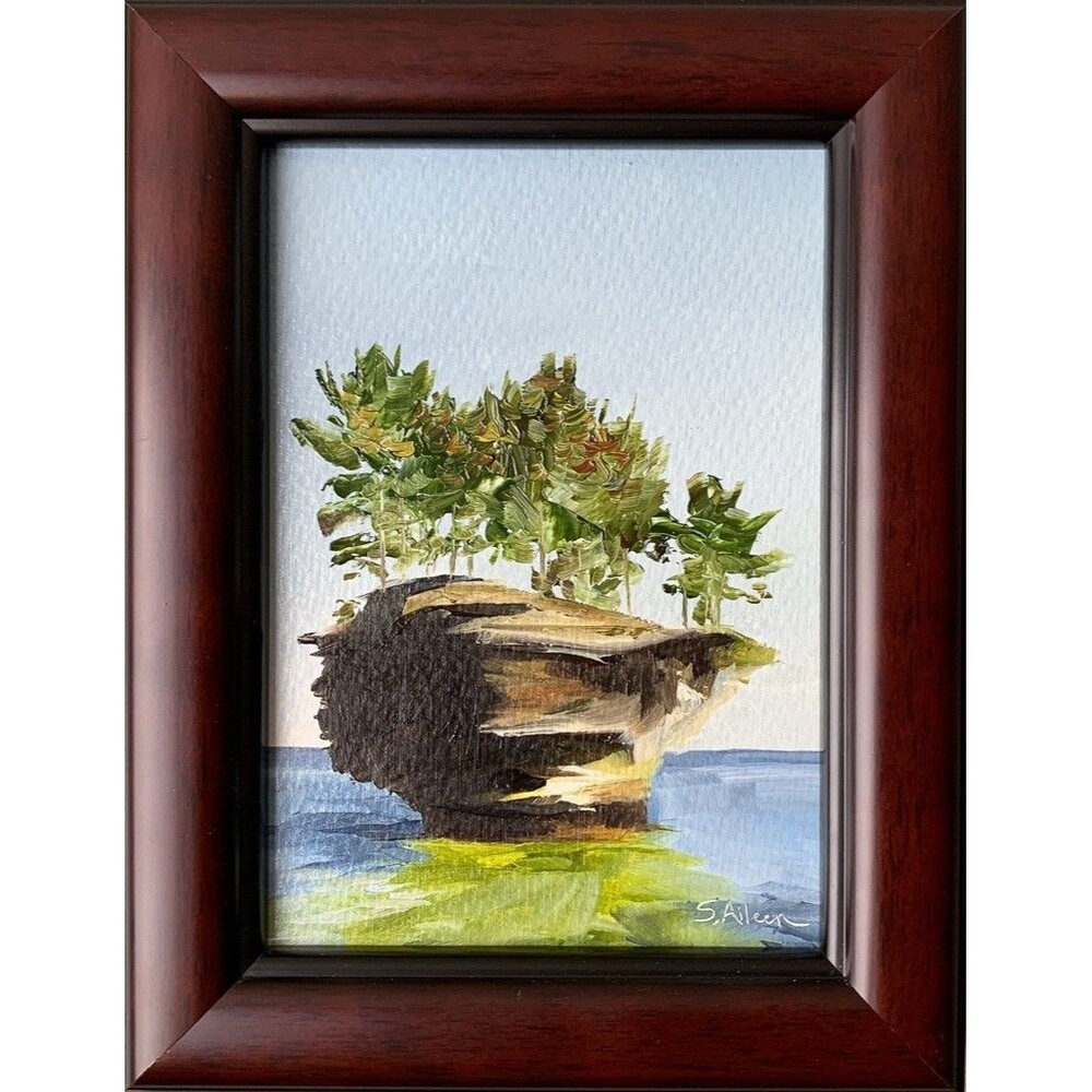 7x9 Framed Original Oil Painting Great Lakes Turnip Rock Lake Huron MI Signed